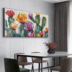 Vibrant textured impasto painting of colorful desert cacti with pink, purple, orange, yellow blooms