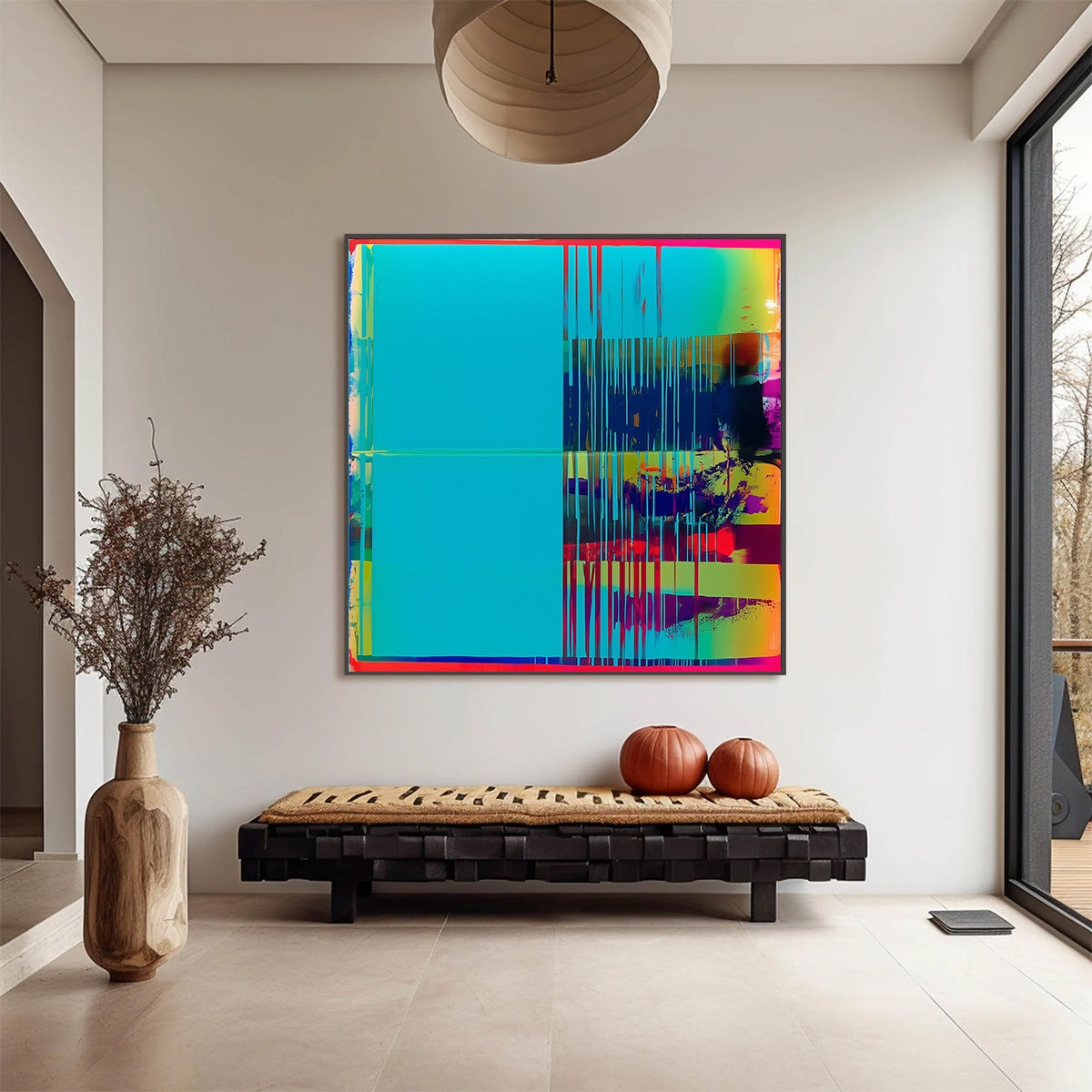 Modern interior with a colorful abstract painting on the wall, a wooden bench, and a vase.