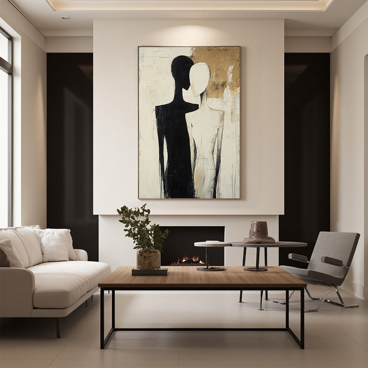 Duality: Original Abstract Figurative Oil Painting - Black White Gold Textured Vertical Wall Art