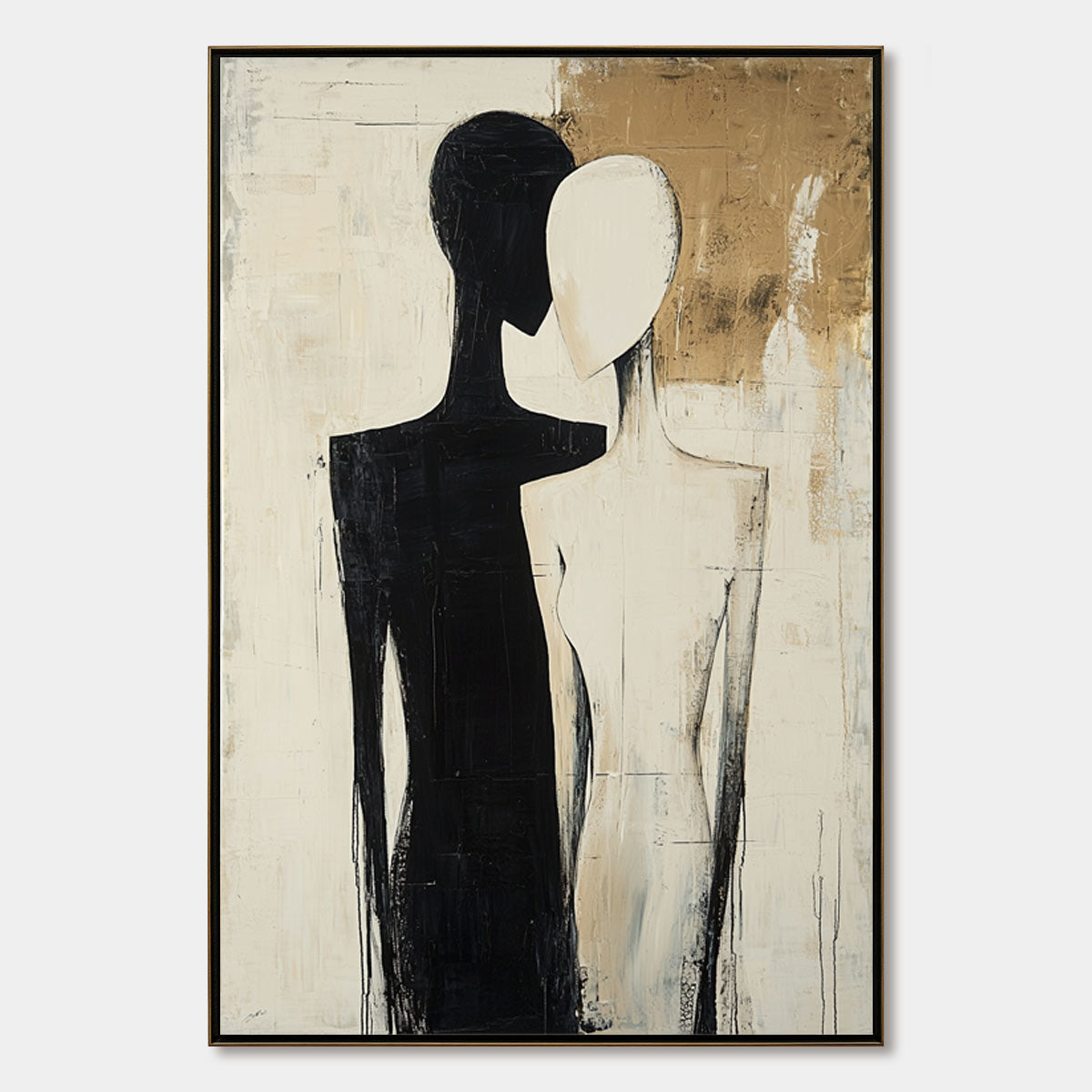 Duality: Original Abstract Figurative Oil Painting - Black White Gold Textured Vertical Wall Art