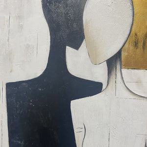 Duality: Original Abstract Figurative Oil Painting - Black White Gold Textured Vertical Wall Art