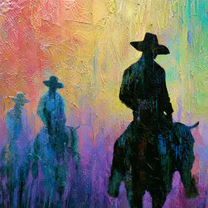 Abstract Western impasto oil painting of three silhouetted riders on horseback in vibrant colors