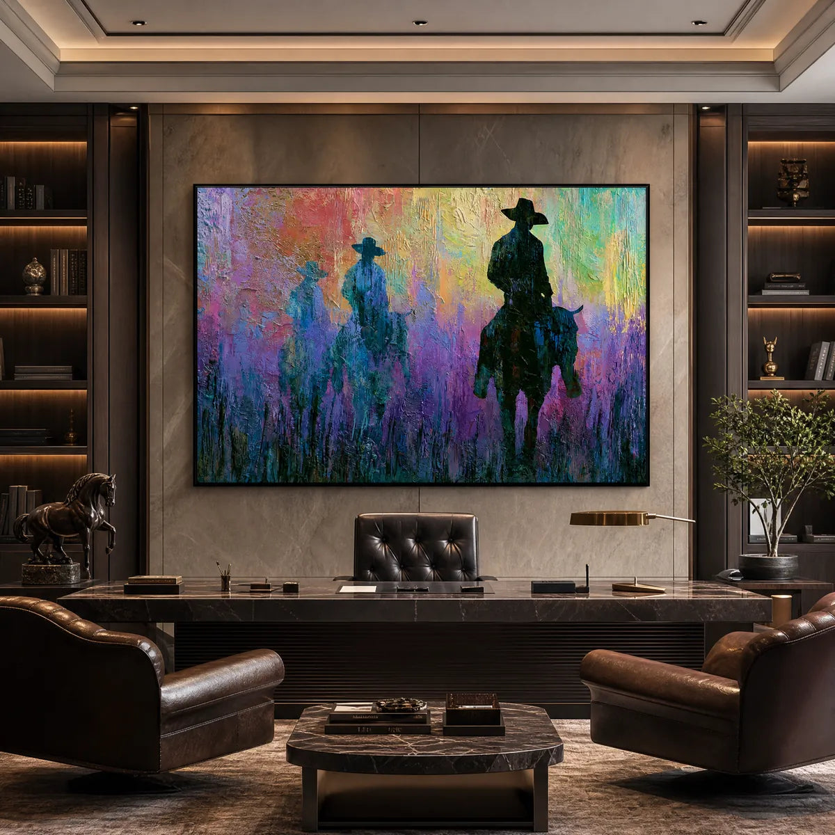 DUSK RIDERS: Colorful Abstract Western Impasto Oil Painting