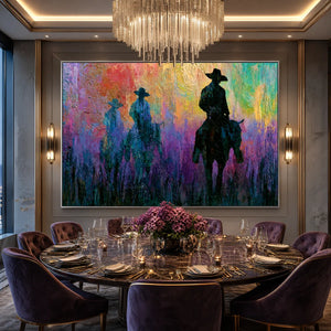Colorful abstract western impasto oil painting of three cowboy riders above dining table