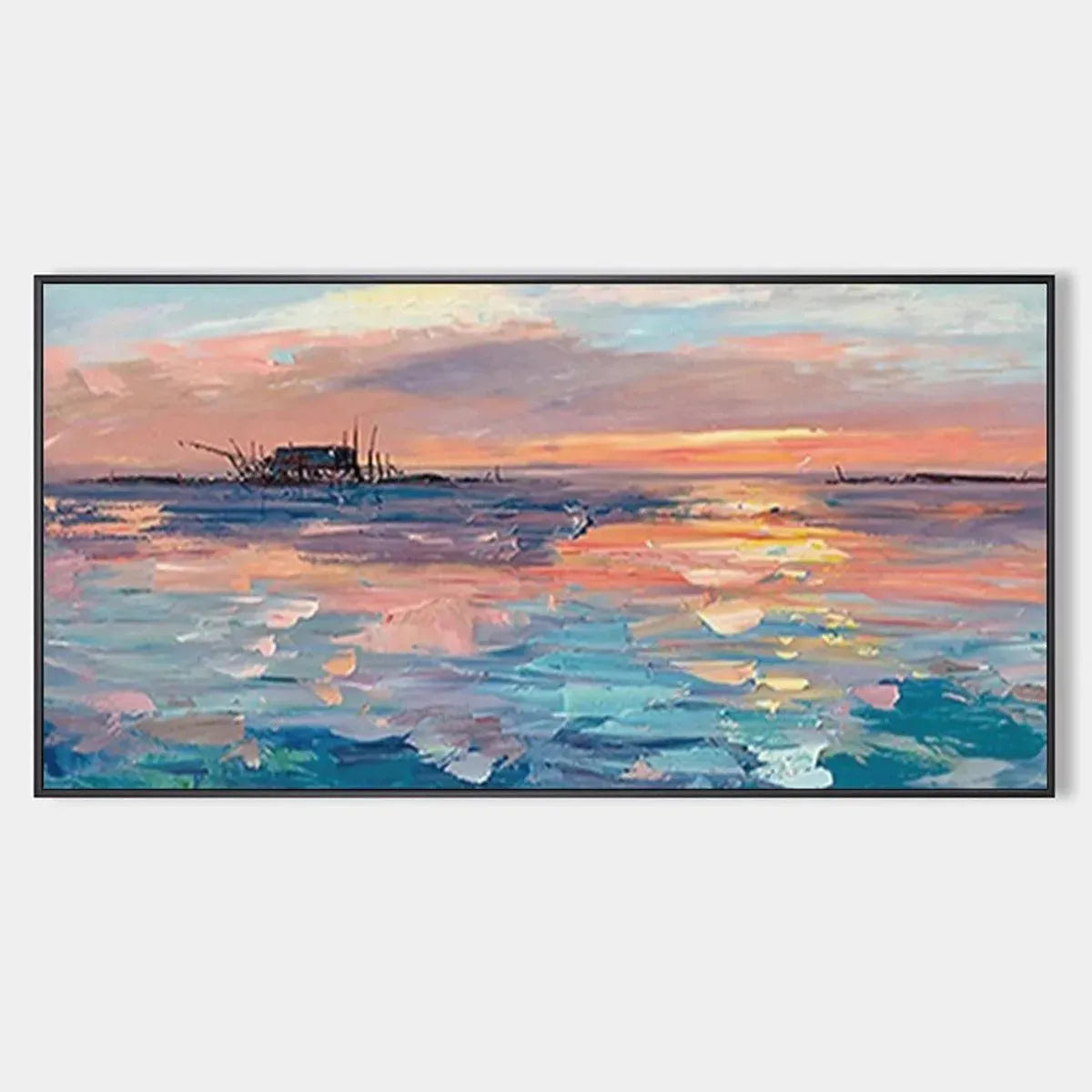 Dusk Reflections: Panoramic coastal sunset painting, pastels, water reflections, shipwreck. Minimalist wall art, black frame.