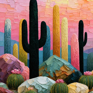 Textured impasto cactus landscape painting with colorful desert rocks and pink sky