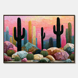 Textured impasto cactus landscape painting with pink sunset and colorful rocks