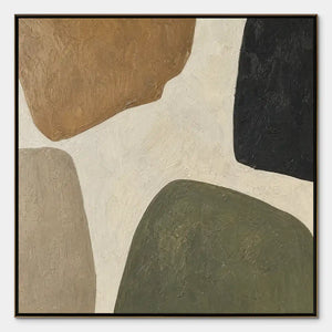 Earthbound Forms abstract wall art with earthy neutral shapes in beige, olive, black and cream