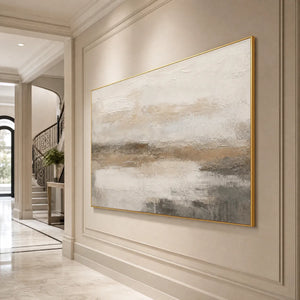 Textured Wabi Sabi abstract landscape painting in beige, white and gray with gold frame