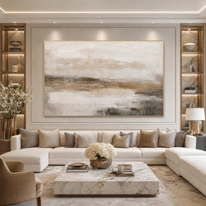 Textured Wabi Sabi abstract landscape painting in beige, white and gray above a modern sofa