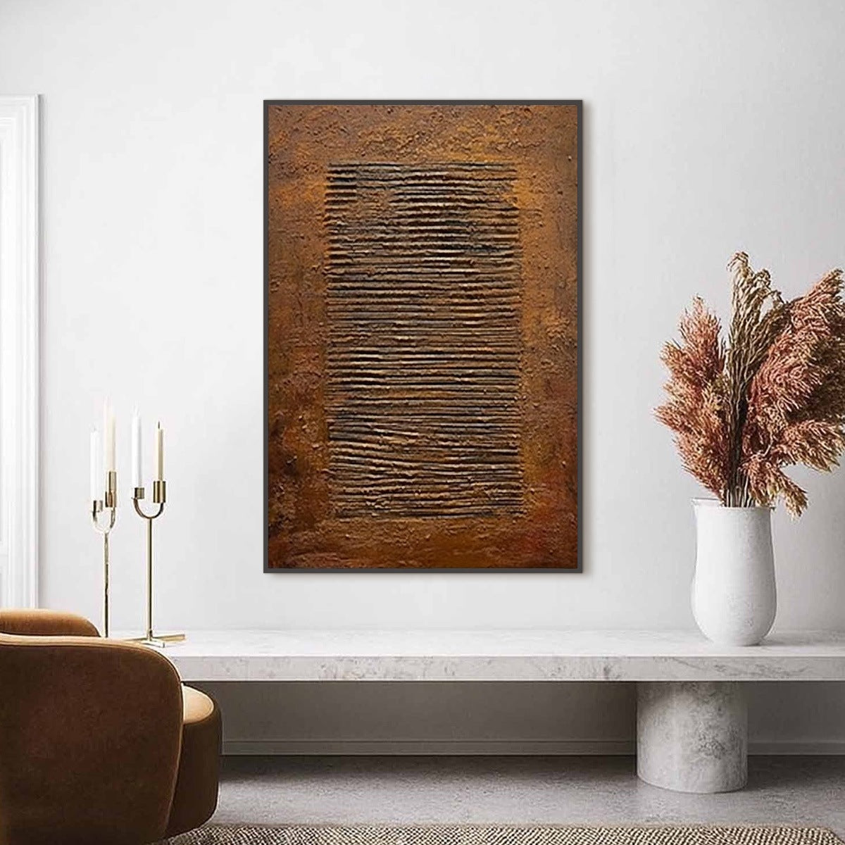Earthen Codex: Handmade textured brown Wabi Sabi abstract oil painting.