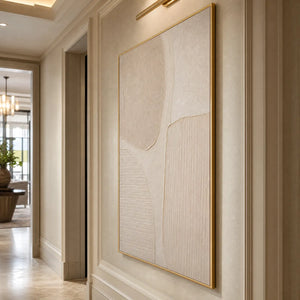 Textured Wabi-Sabi abstract wall art in beige tones with gold frame