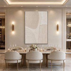Textured Wabi-Sabi abstract painting in cream tones above a luxury dining table