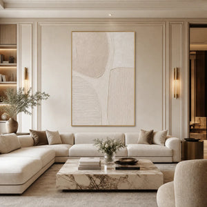 Textured Wabi-Sabi abstract wall art in a neutral beige living room