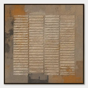 Rustic neutral abstract wall art with layered grid texture, earthy brown tones, handmade painting