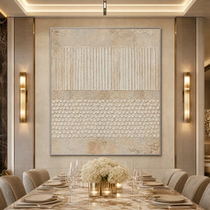 Vertical Wabi-Sabi textured abstract wall art in beige tones above a luxury dining table
