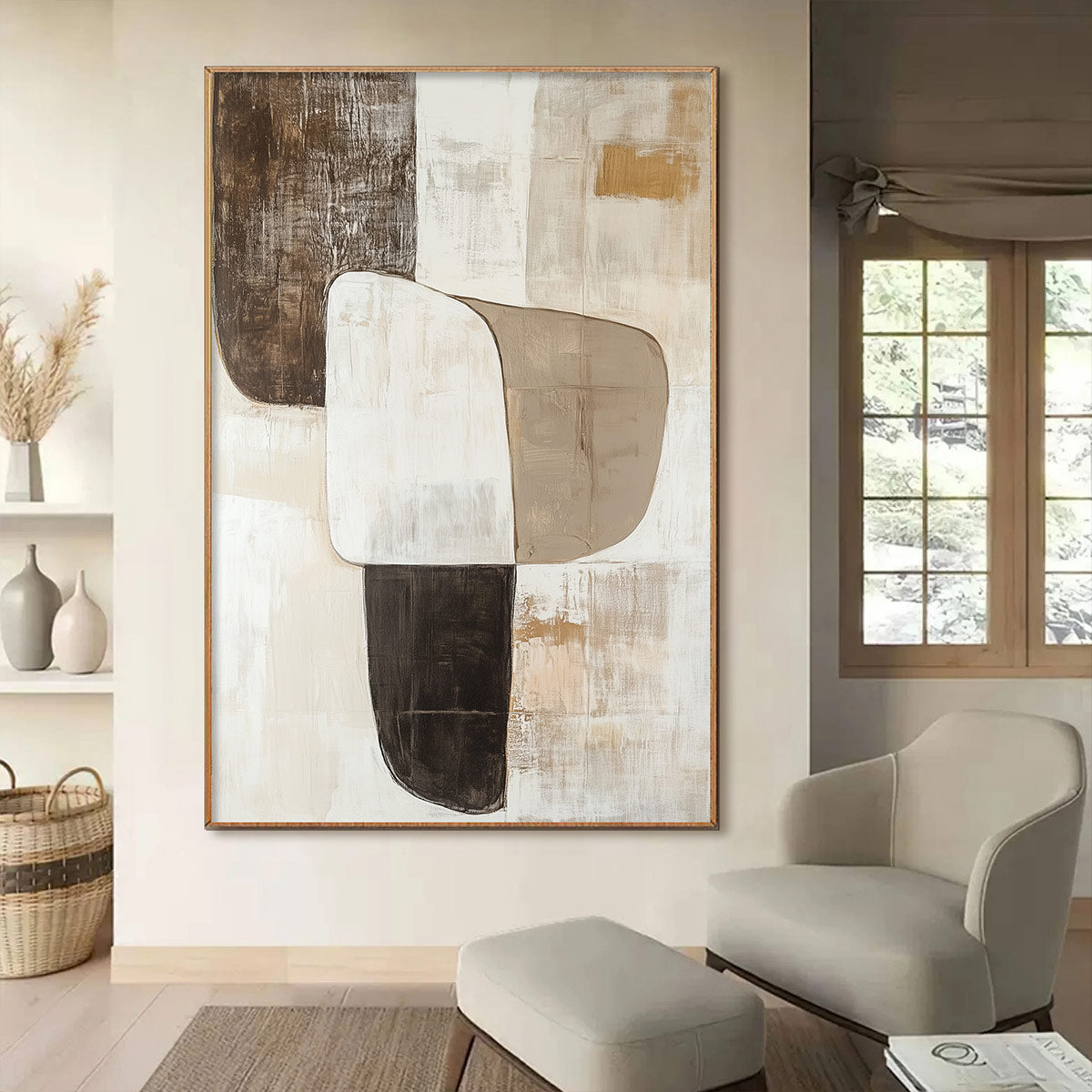 Earthen Forms: Original Minimalist Abstract Oil Painting - Vertical Textured Brown Beige White Wall Art