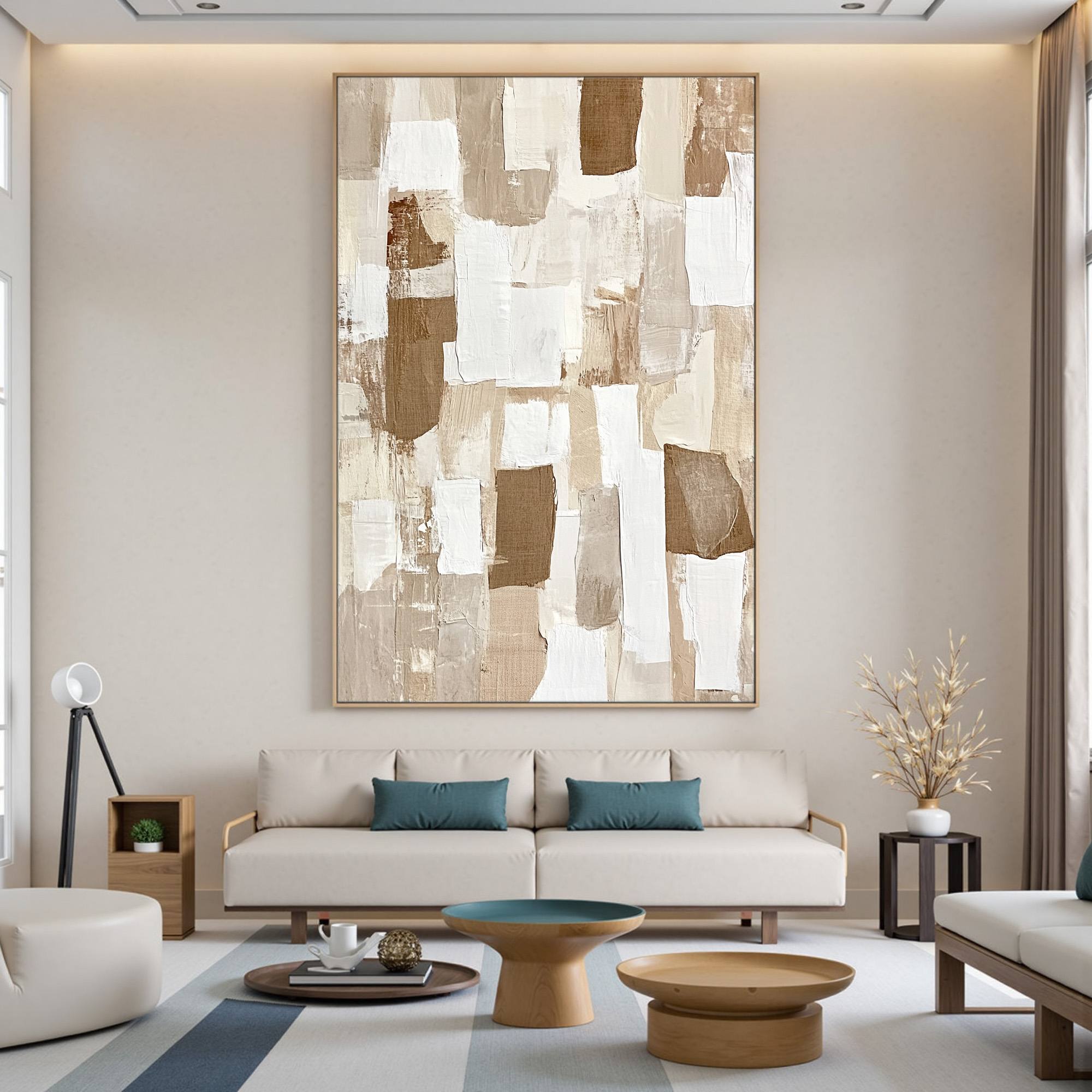 Earthen Layers: Original Textured Abstract Oil Painting - Wabi Sabi Beige Brown White Vertical Wall Art