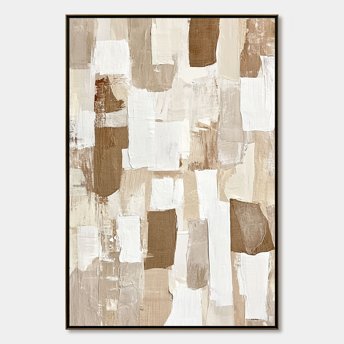 Earthen Layers: Original Textured Abstract Oil Painting - Wabi Sabi Beige Brown White Vertical Wall Art