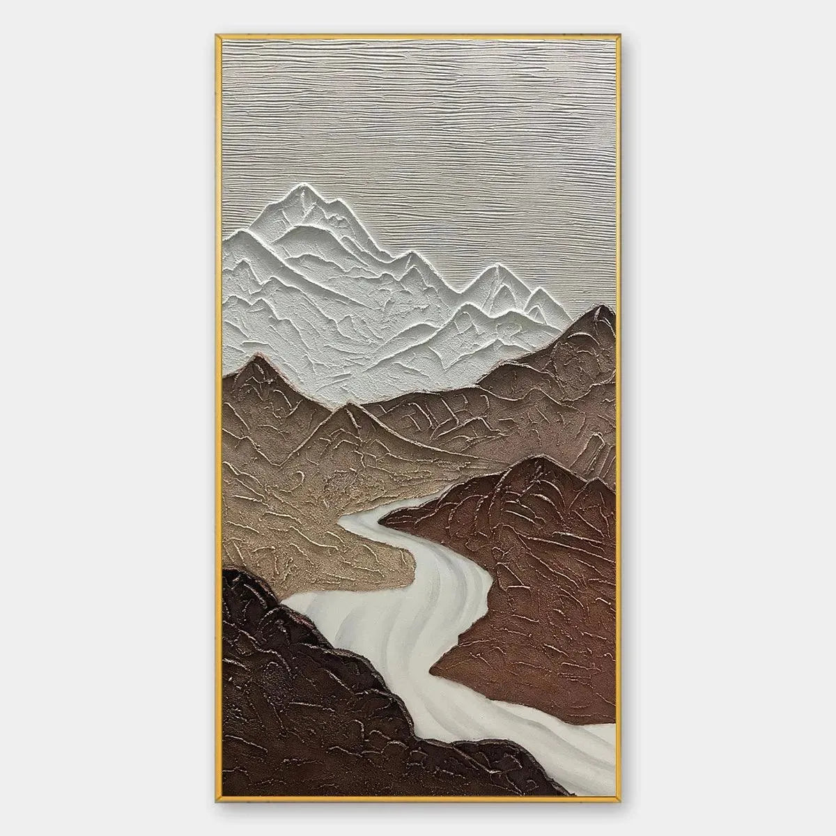 EARTH RIVER textured brown & white mountain landscape painting by Chen Liu with winding river.