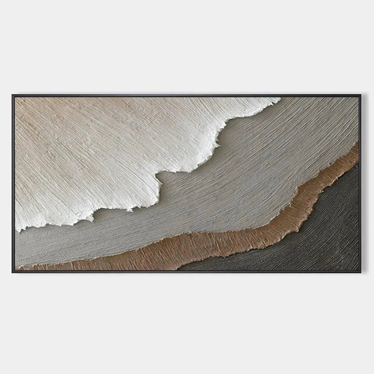 Textured abstract landscape painting in earth tones: beige, grey, brown, white. Layered, organic elegance.