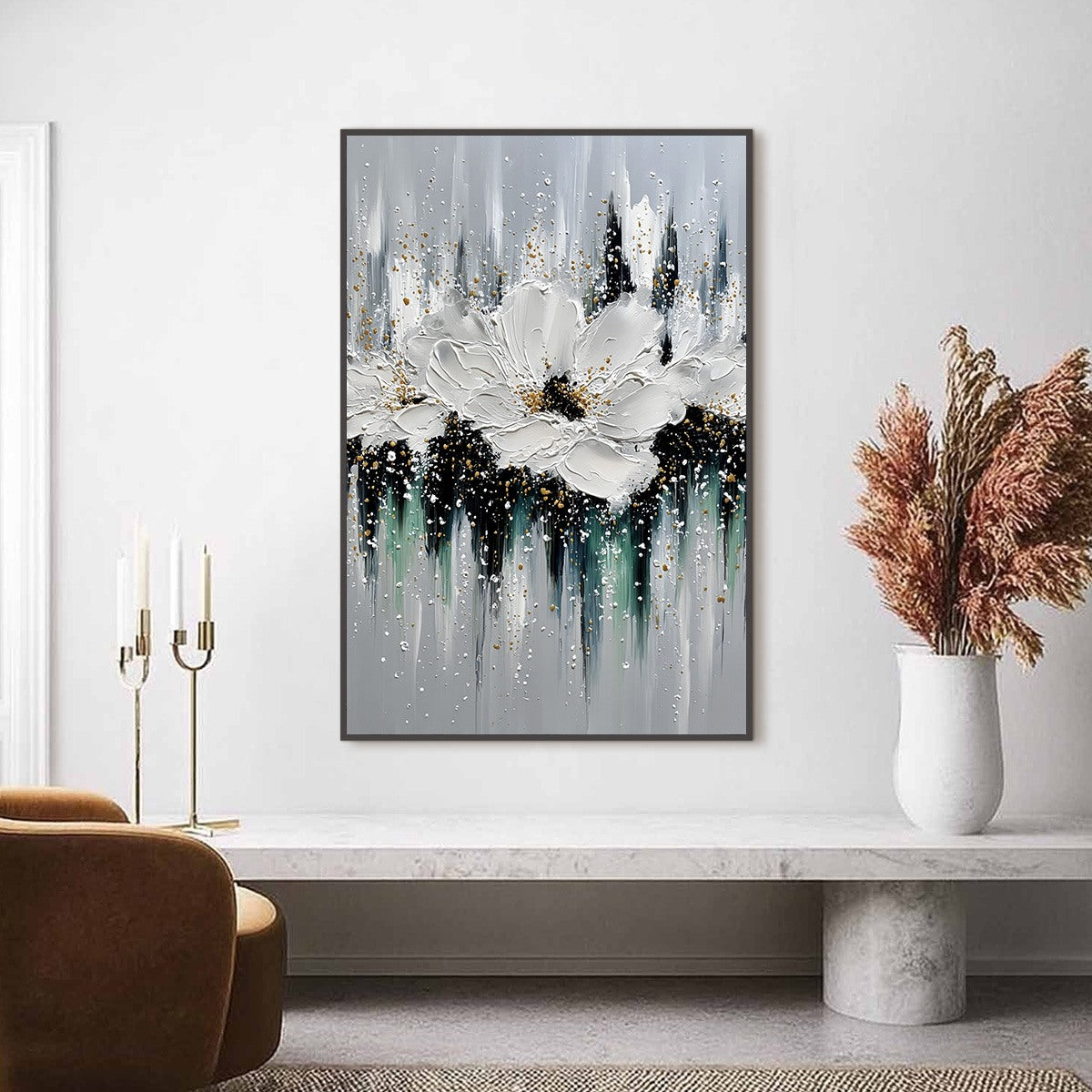 ECHOES IN WHITE: Textured White Flower Impasto Oil Painting with Gold Accents