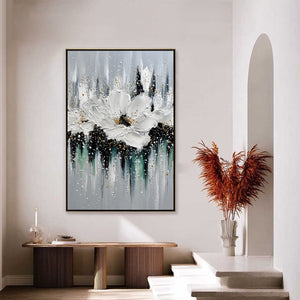 ECHOES IN WHITE: Textured White Flower Impasto Oil Painting with Gold Accents