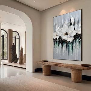 ECHOES IN WHITE: Textured White Flower Impasto Oil Painting with Gold Accents
