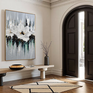 ECHOES IN WHITE: Textured White Flower Impasto Oil Painting with Gold Accents