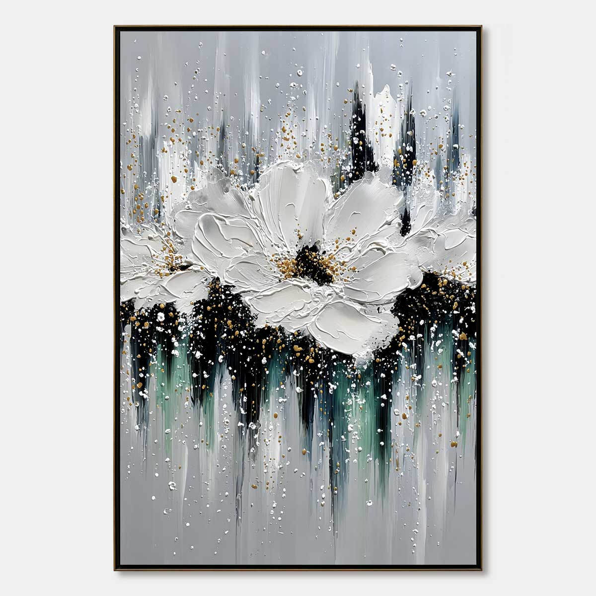 ECHOES IN WHITE: Textured White Flower Impasto Oil Painting with Gold Accents