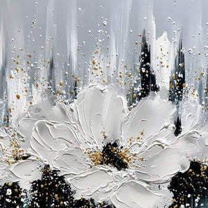 ECHOES IN WHITE: Textured White Flower Impasto Oil Painting with Gold Accents