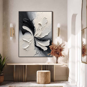 ECLIPSE BLOSSOM: Textured Black and White Abstract Impasto Painting