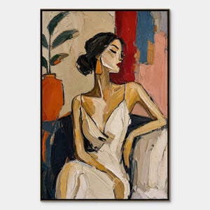 Abstract figurative painting of seated woman in white dress, modern wall art