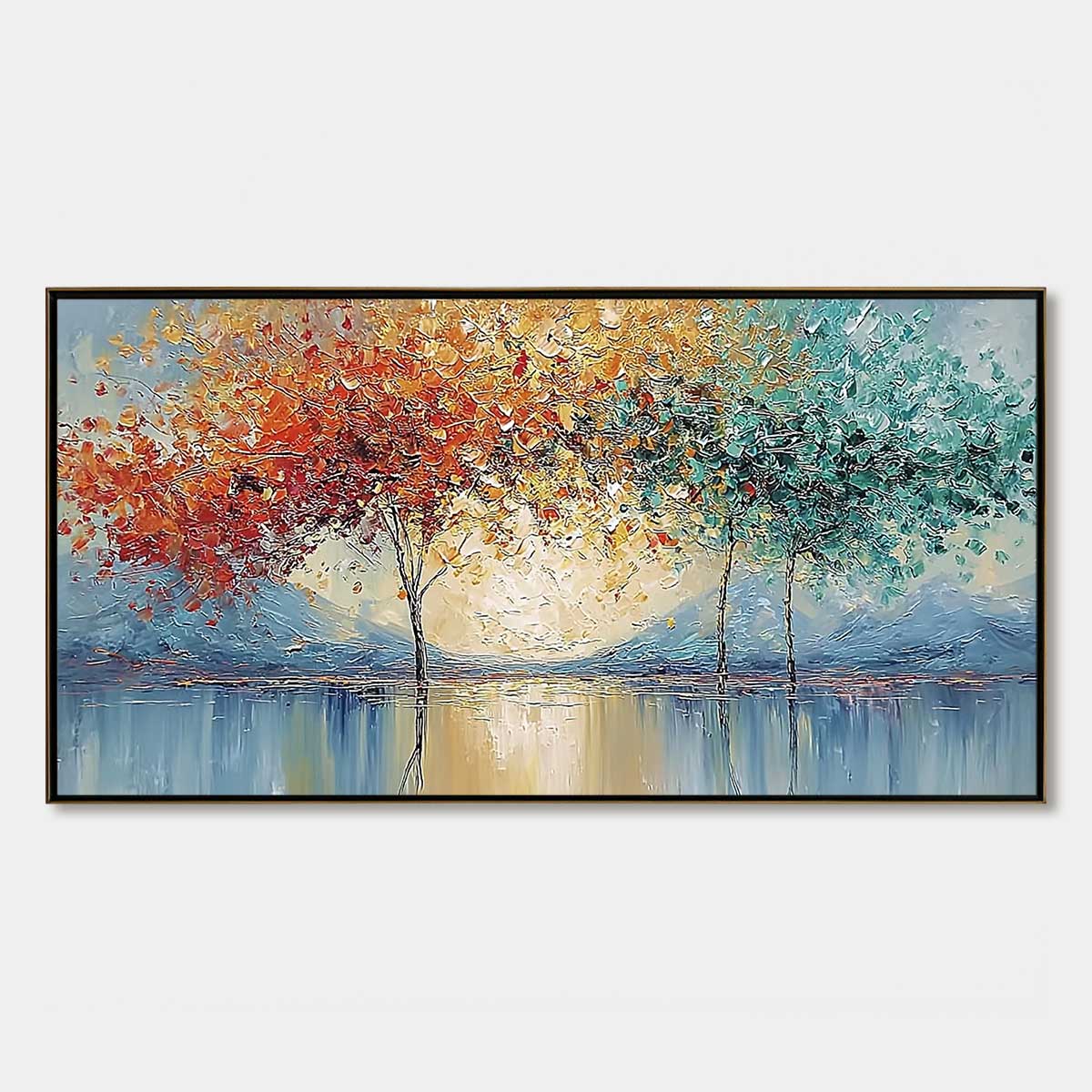 EMBER AND JADE: Textured Long Horizontal Landscape Painting of Trees