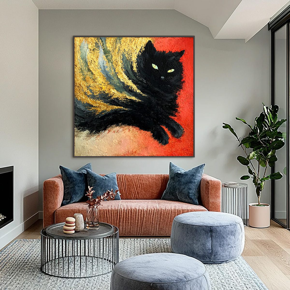 EMBER EYES: Bold Abstract Black Cat Painting with Gold Leaf