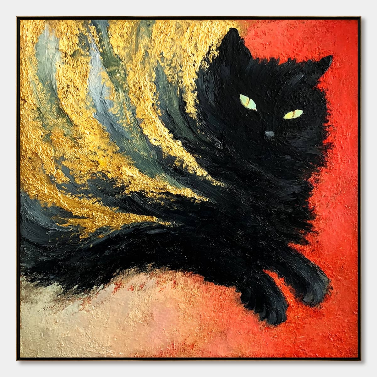 EMBER EYES: Bold Abstract Black Cat Painting with Gold Leaf