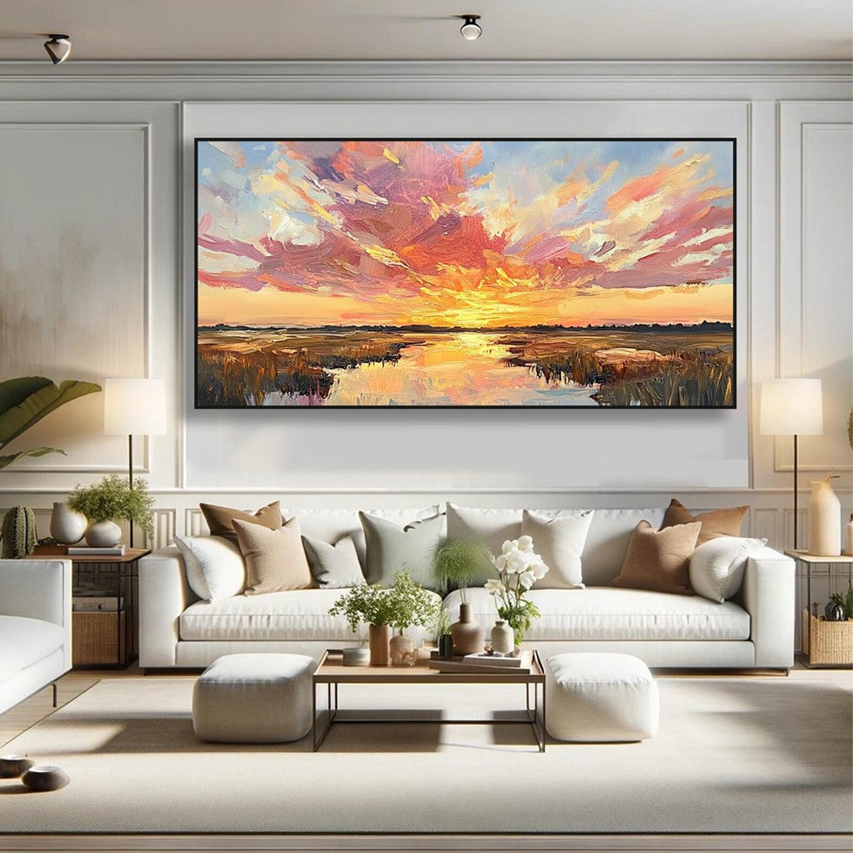 EMBERGLOW MARSH: Colorful Palette Knife Sunset Landscape Painting