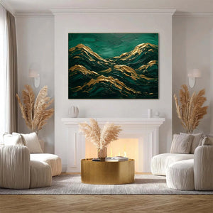 EMERALD CRESTS: Heavy Texture Abstract Green and Gold Landscape Painting