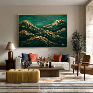 EMERALD CRESTS: Heavy Texture Abstract Green and Gold Landscape Painting