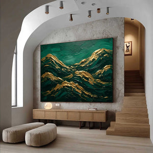EMERALD CRESTS: Heavy Texture Abstract Green and Gold Landscape Painting