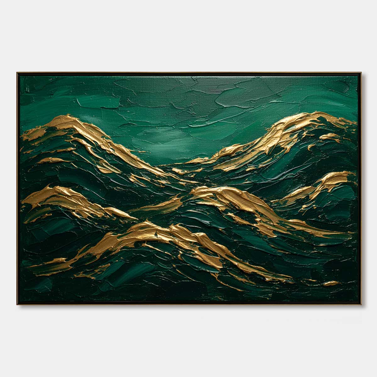 Emerald Crests: Green Gold Abstract Impasto Oil Painting