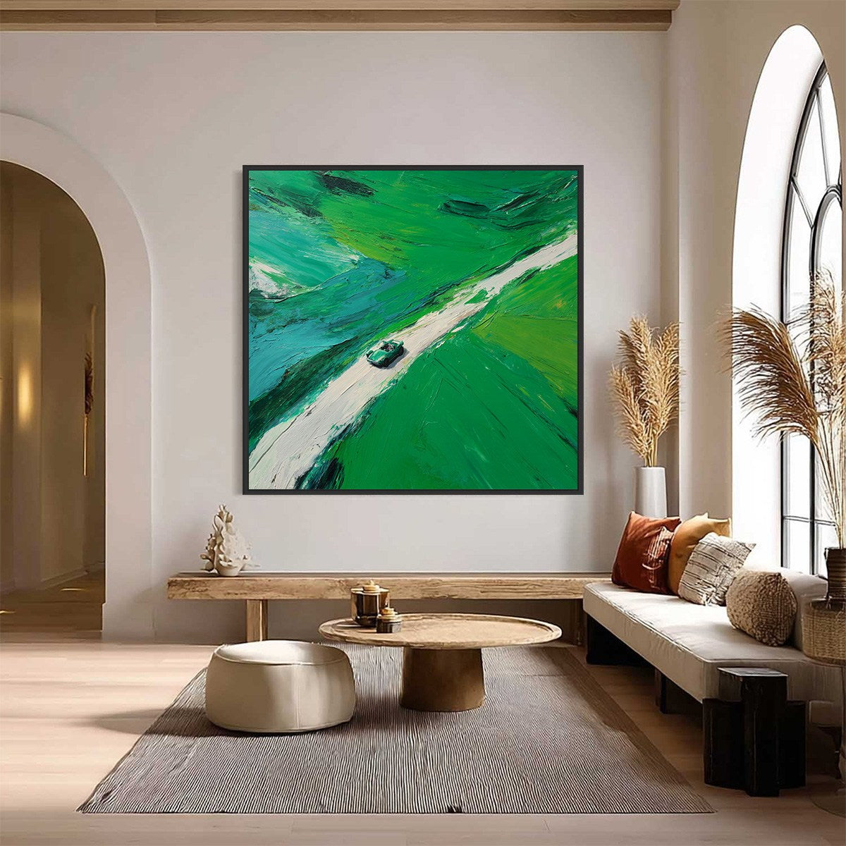 EMERALD ESCAPE: Textured Aerial View Painting of a Vintage Sports Car