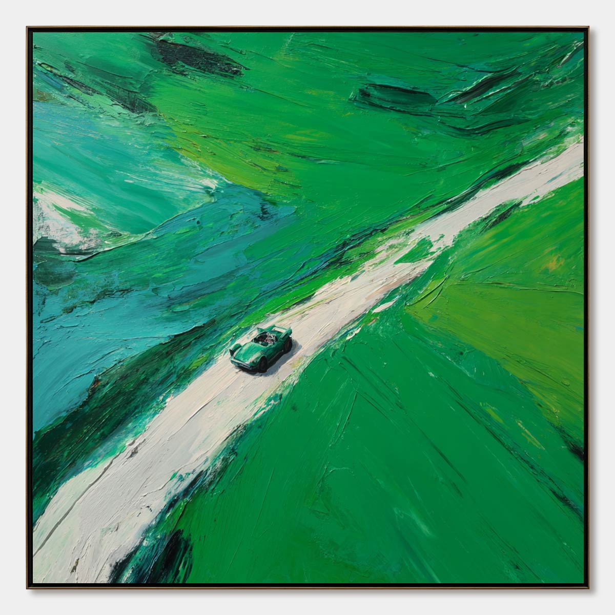 EMERALD ESCAPE: Textured Aerial View Painting of a Vintage Sports Car