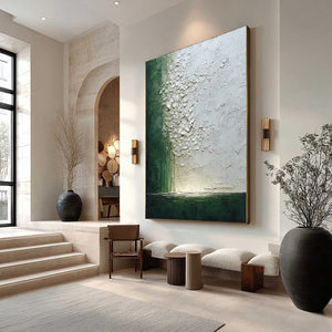 EMERALD FALL: Large Green and White Textured Wabi Sabi Abstract Painting