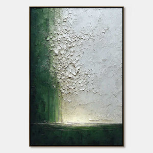 EMERALD FALL: Large Green and White Textured Wabi Sabi Abstract Painting