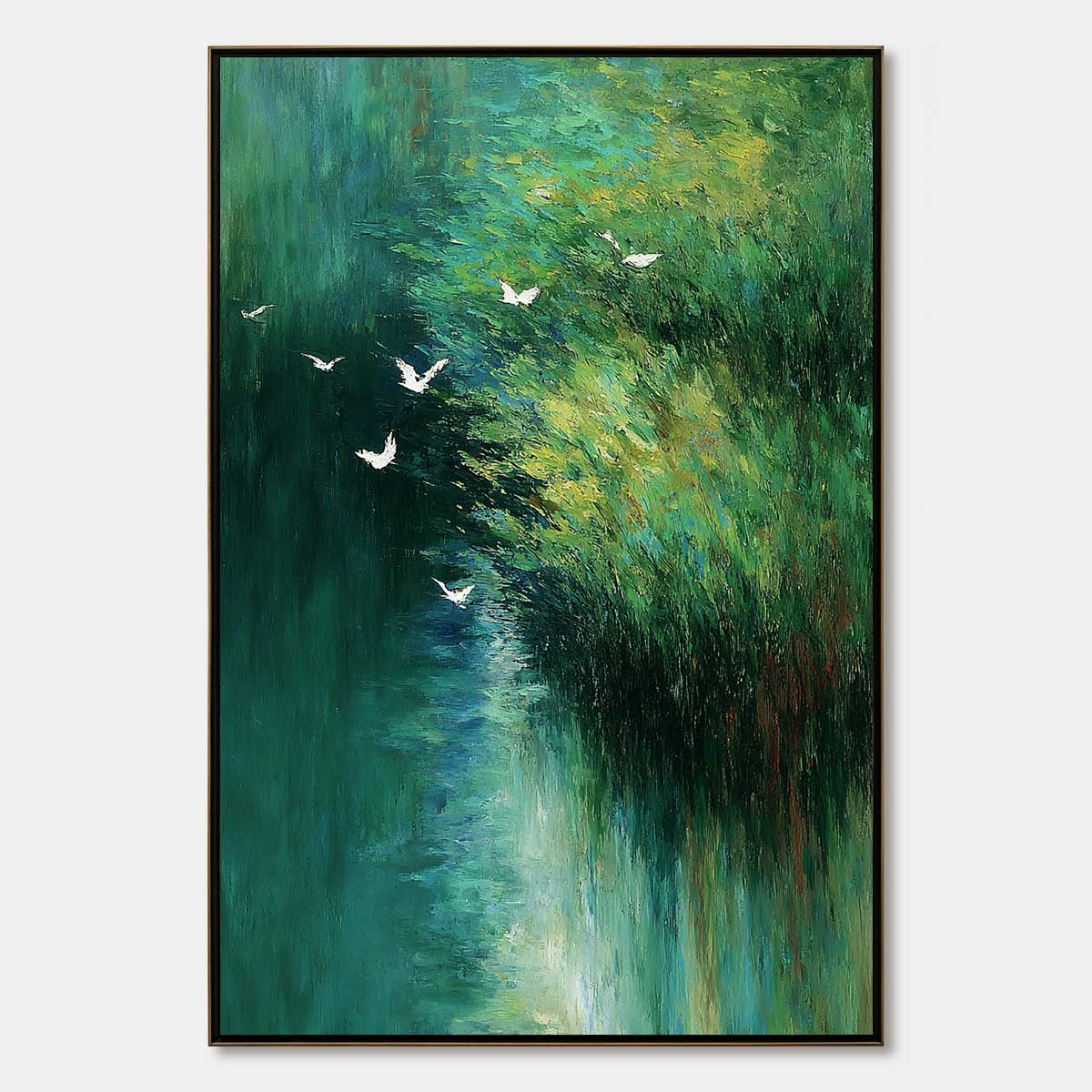 Emerald Flight: Abstract Green Forest Bird Textured Oil Painting