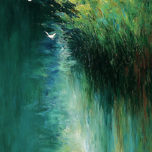 EMERALD FLIGHT: Abstract Green Forest & Birds Textured Oil Painting