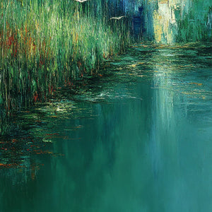 EMERALD FLIGHT: Textured Abstract Landscape Painting of Birds Over a Marsh