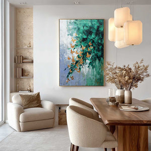 EMERALD FLUTTER: Textured Abstract Butterfly Painting with Golden Accents