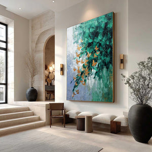 EMERALD FLUTTER: Textured Abstract Butterfly Painting with Golden Accents